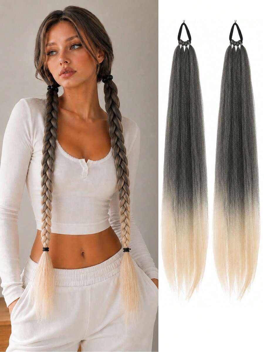 2Pcs 28 Inch Long Straight Synthetic Braided Ponytail Wig With Elastic Band For Women Daily Wear - Multicolor - View 1