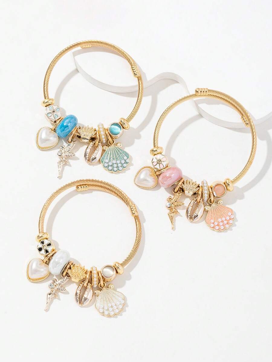 1pc Shell Heart Pendant Beaded Bracelet, Suitable For Daily Wear, Vacation, Holiday Gift, Children, Baby, Kids - one-size - View 1