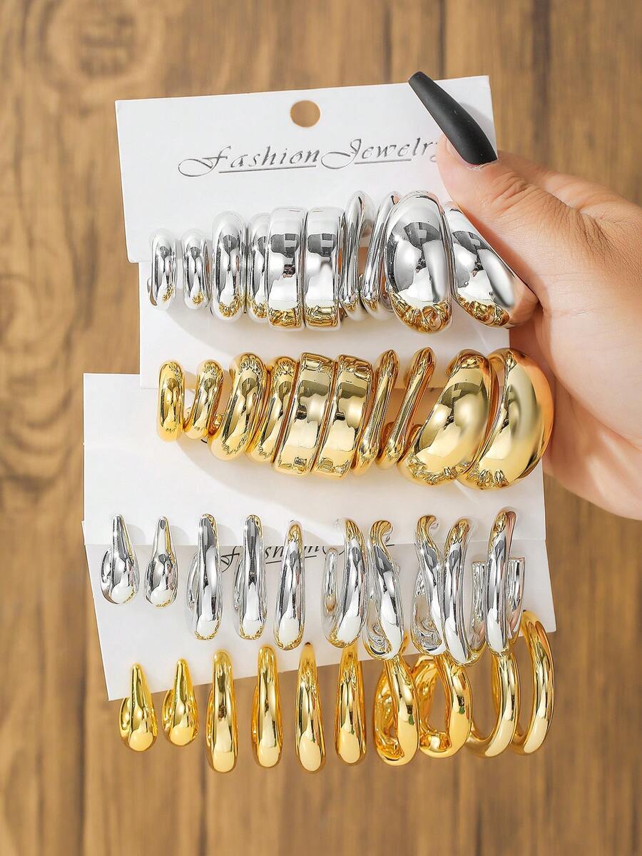 5 Pairs UV Electroplated CCB Women's Geometric Chunky C-Shaped Hoop Earrings Set, Suitable For Family, Friends, Gift-Giving And Daily Wear - Geometric Earring Set - View 1