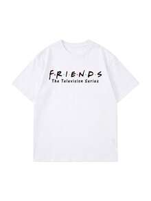 SHEIN X FRIENDS White Double Sided Friends Oversized Tee, Front Classic Logo Back Pivot Sofa Moving Scene Portrait Print Casual Summer - White - View 6