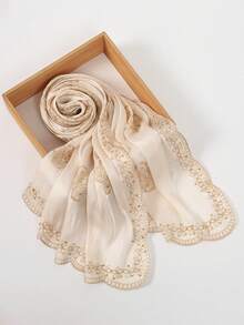 1件女款奢華刺繡歐根紗頭巾，輕盈透氣，陽光下閃亮，春夏旅行必備 - 多色-花朵刺繡 - 查看 5