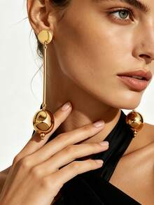 1 Pair Women's Vintage European & American Style Double-Layer Geometric Thin Bar Round Ball Long Dangle Earrings, Mirror Shiny Warm Gold Textured Round Disc Studs Connected By Slender Straight Bars To Oversized Shiny Solid Round Ball Linear Long Earrings, Suitable For Banquet, Daily, Party, Fashion Wear - Yellow Gold - View 1