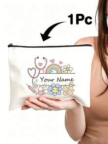 Custom Name Canvas Makeup Pouch, Lovely Doodle Floral Rainbow Pattern Zipper Storage Bag, Lightweight Portable Travel Cosmetic OrganizerVersatile Stationery Pencil BagIdeal Personalized Birthday PresentForYoung WomenGirls Daily Small Item Carry Pouch - Multicolor - View 9