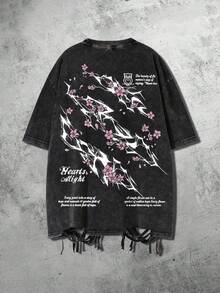 1件男士水洗做舊Y2K街頭風粉色櫻花與荊棘印花短袖休閒破洞上衣，適合滑板高街穿搭 - 黑色 - 查看 3