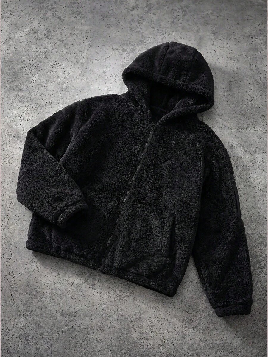 MAISONFOX Men's Solid Color Minimalist Reversible Fleece Hooded Casual Zip-Up Jacket, Autumn/Winter Double-Sided Lamb Fleece Lining Warm Coat - Black - View 1