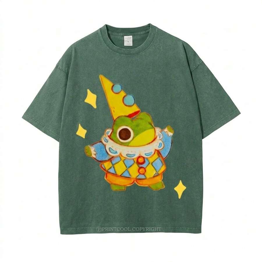 Summer Tops 100% Cotton, Funny Clown Frog Print T-Shirt, Suitable For Daily Wear, A Must-Have For The Beach, Cute Cartoon Pattern, Unisex, Perfect Gif - DG100-GN01 - 查看 1