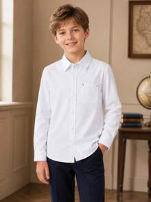 Tween Boys Classic White Long Sleeve Shirt With Contrast Stitching Chest Pocket Design, Suitable For Back To School, Weddings, Parties And Formal Occasions - White - View 5