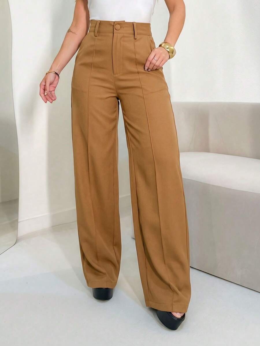ADD MODA FEMININA EIRELI- AS1331 Women's Palazzo Pants, High Waist, With Side Pockets, Romantic Fabric, Elegant, Formal, Modern, National Shipping New Collection 2024 - 鏽棕色 - 查看 1