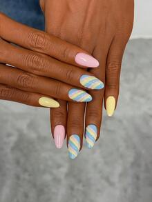 10pcs/Set Y2K Nails Handmade, Blue Nails, Yellow Nails, 3D Blue And Yellow Stripe Nails, Perfect For Parties & Daily Wear. Short Almond Nails. Handmade Press On Nails Almond, Fake Nails, Acrylic Nails, Short Nails, Dopamine Nails, Summer Nails - Multicolor - View 3