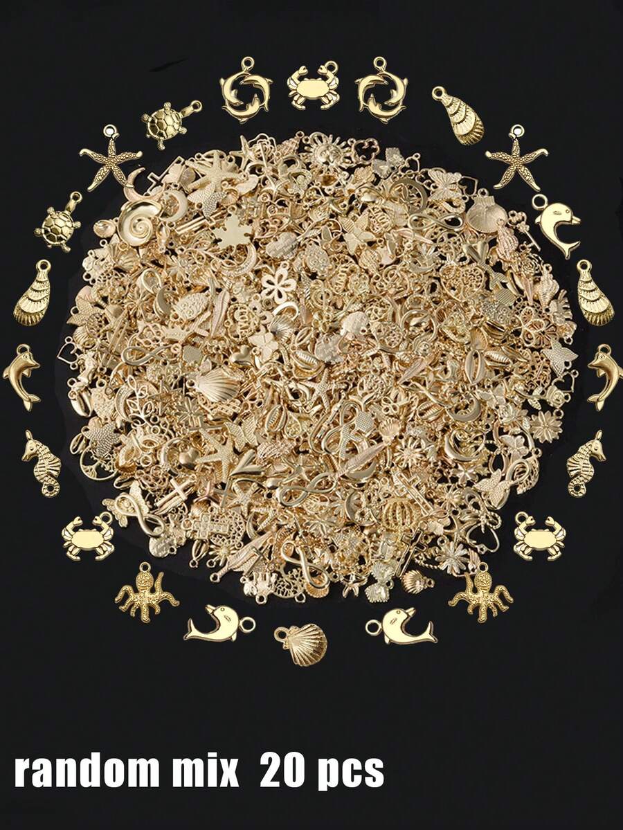 100个/包或20个/包 什锦闪亮金色金属海星和蝴蝶DIY珠宝吊坠,用于珠宝制作配件 - 金色 - 查看 1