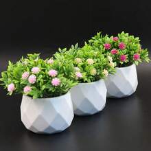 黑白菱格紋人造植物搭配滿天星，6款可選，精巧優雅，免維護，適合廚房、辦公室、窗台、臥室裝飾 - 白盆-白花 - 查看 6