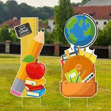 2D Flat, 2D Back To School Yard Sign - Durable Plastic, Colorful School Theme Design With Pencil, Books And Apple, Lawn And Garden Decor Easy To Install | Fun Outdoor School Decoration, 2D Flat - A - View 1