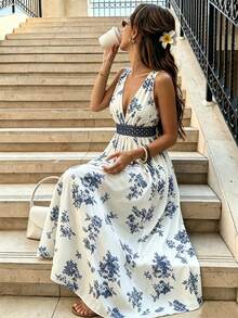 PariChic Blue And White Floral Print Waist Spliced Hollow Lace V-Neck Long Dress Beach Vacation Dress - Blue and White - View 1