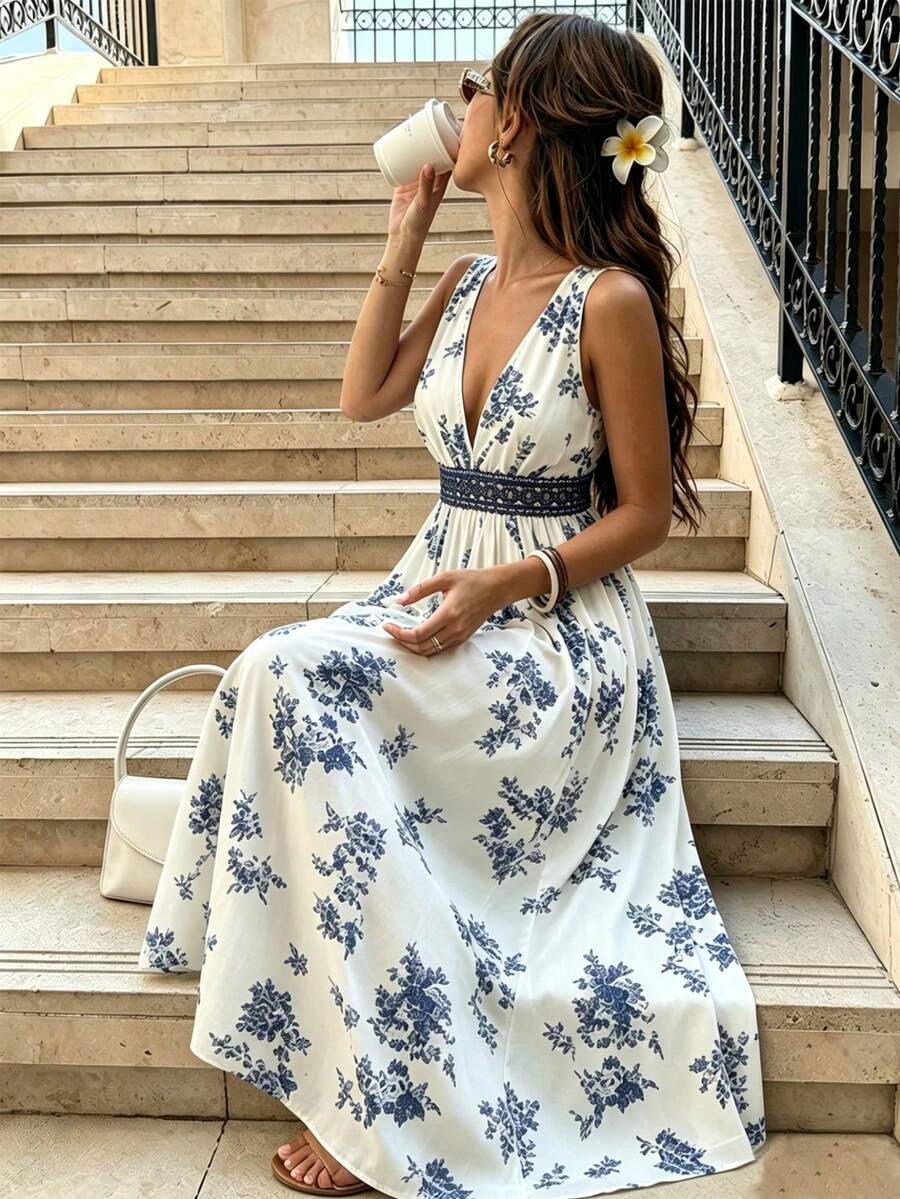 PariChic Blue And White Floral Print Waist Spliced Hollow Lace V-Neck Long Dress Beach Vacation Dress - Blue and White - View 1