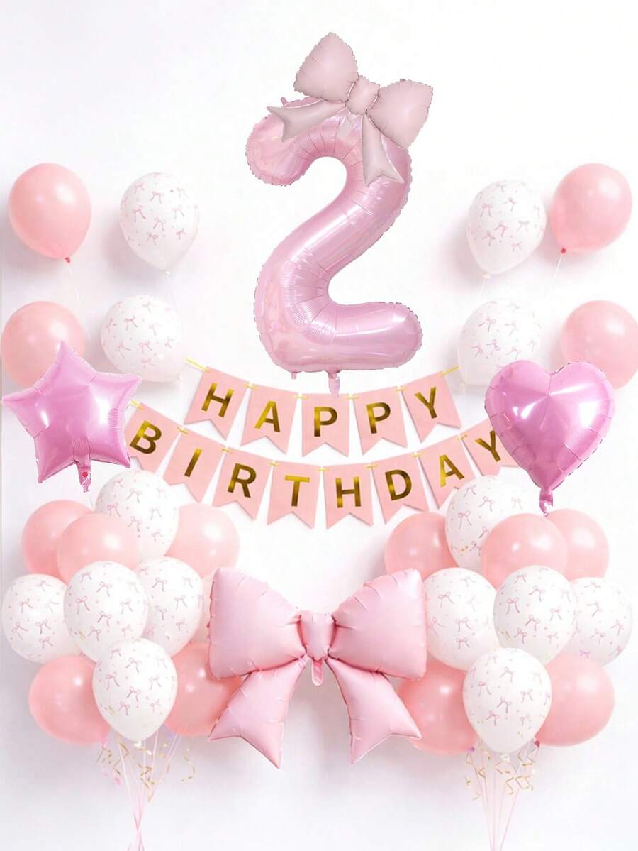 34 Stücke Rosa Geburtstags Party Dekorationen, einschließlich 40 Zoll 0-9 Zahlen Folienballons, große Schleifenballons, 18 Zoll Herz & Stern Ballons, Happy Birthday Banner, Schleifendruck Latexballons, geeignet für Geburtstagsfeier, Babyparty, Themenparty Dekoration - Pink - Übersicht 1
