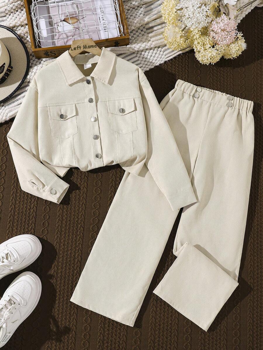 Left Mama Girls' Casual Versatile Long Sleeve Jacket & Straight Leg Pants Set, Spring/Autumn - Apricot - View 1