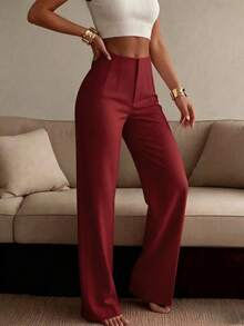 Celana Panjang Wanita Polos Model Lurus dengan Potongan Lebar, Gaya Minimalis Kasual dengan Nuansa Premium, Celana Panjang Serbaguna untuk Berbagai Acara - Burgundy - View 5