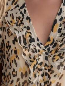 Französische Leopardenmuster V-Ausschnitt Rüschen Chiffon Bluse, ärmelloses tailliertes schlank machendes Hemd, elegantes Top für Pendeln, Date, Urlaub, Sommer - Orange - Übersicht 5