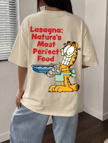 SHEIN | Garfield 女款米色雙面印花T恤，美食愛好者卡通貓千層義大利麵紅色字母印花，寬鬆短袖，日常街頭女孩休閒穿搭 - 杏色 - 查看 3