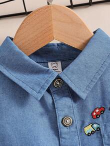 Boys' Collared Car Embroidered Denim Shirt, Autumn - Medium Wash - View 3