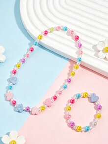 2pcs/Set Children's Sweet Cute Heart-Shaped Beaded Necklace & Bracelet Jewelry Set, Suitable For Holiday Parties, Birthday Gifts, Daily Wear - one-size - View 1