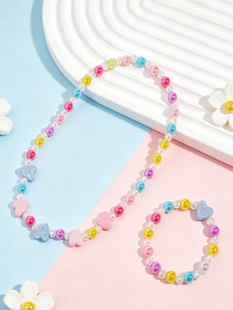 2pcs/Set Children's Sweet Cute Heart-Shaped Beaded Necklace & Bracelet Jewelry Set, Suitable For Holiday Parties, Birthday Gifts, Daily Wear - one-size - View 1