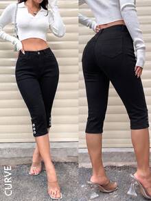 Women's Plus Size Stretch Button Capri Length Jeans, Autumn Essential - Black - View 2
