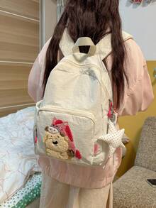 大容量刺繡多用途日常休閒購物旅行度假學校大學手提後背包，不含配件 - 白色 - 查看 3