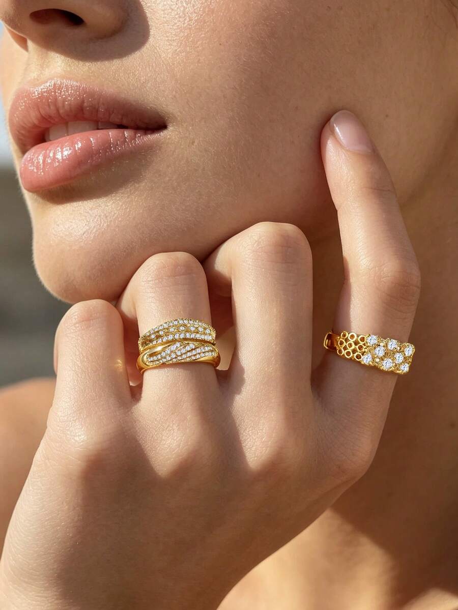 Conjunto de 3 Peças Anéis Femininos Glamourosos com Design Vazado e Zircônia Cúbica, Adequado para Uso Diário, Festa, Presente de Aniversário, Banquete de Palácio, Casamento Romântico e Mais Ocasiões - 3 pedaços - Visão 1