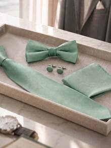 4pcs Mint Green Solid Color Textured Tie, Bow Tie, Cufflinks, Pocket Square Business Banquet Men's Formal Suit Accessories Set - Mint Green - View 2