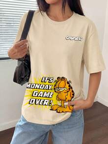 SHEIN | Garfield Women's Beige Tee, Small Chest Logo Pixel Grumpy It's Monday Game Over Slogan Print Loose Short Sleeve - Apricot - View 2