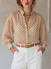 女款法式優雅波點雪紡鈕扣襯衫，休閒百搭日常通勤度假款 - 淺黃色 - 查看 2