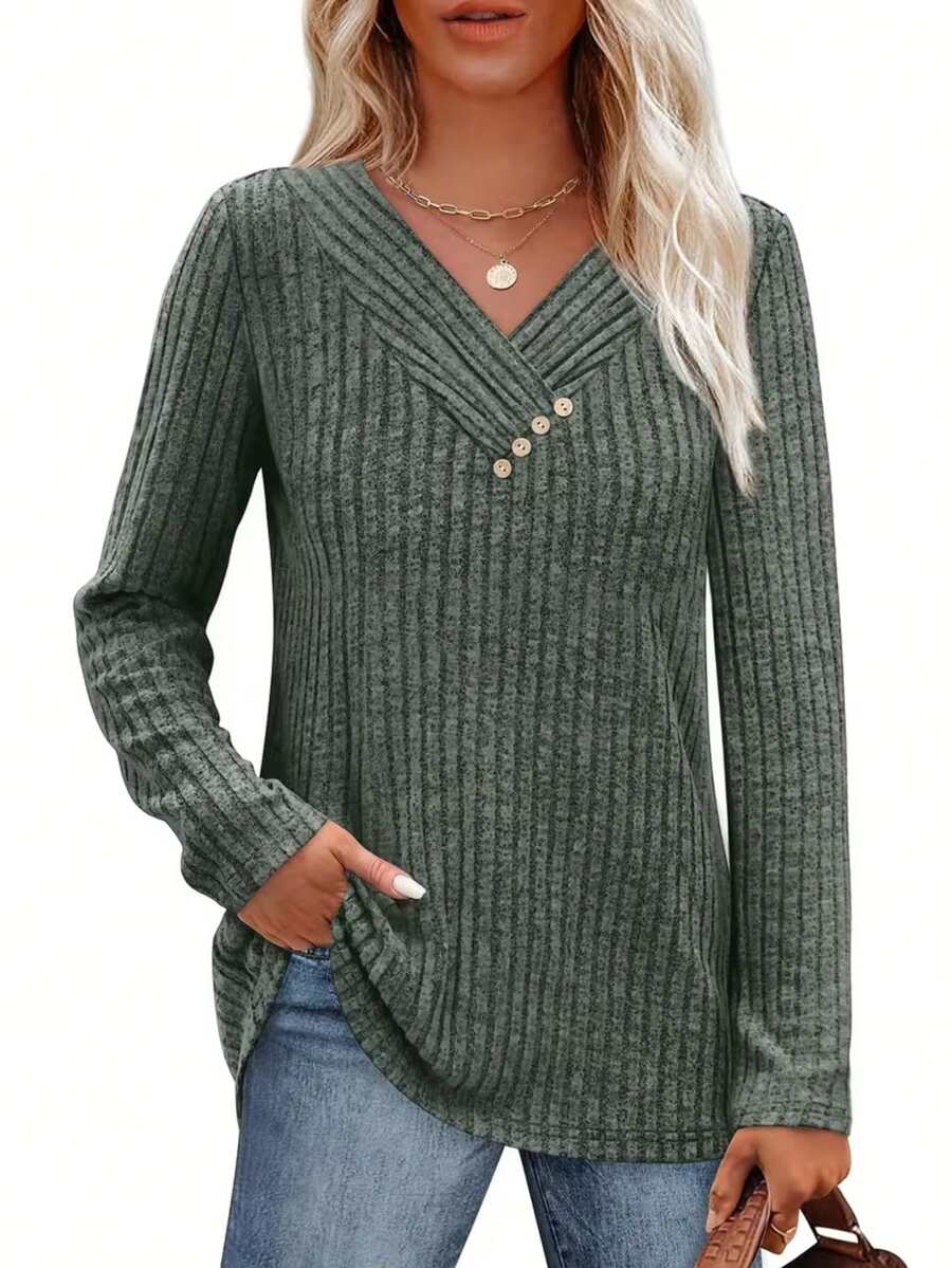 Women's Casual Long Sleeve V-Neck Button-Up Sweater Shirt, Autumn/Winter Fashion Pullover Top - Green - View 1