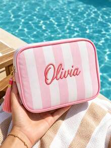 1pc Personalized Embroidered Makeup Bag, Customized Name Striped Cosmetic Bag, Bridesmaid Gift, Travel Toiletry Bag, Customized Jewelry Storage Bag, Valentine's Day Gift, Christmas Gift - Multicolor - View 4