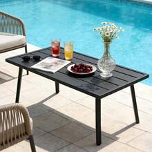 Patio Coffee Table, Rectangle Outdoor Coffee Table With Wood Grain Tabletop For Patio, Balcony And Garden, Black - Black - View 1
