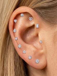 1Pc 0.1CT D Color Moissanite 925 Sterling Silver Flat Back Stud Earrings Hypoallergenic Multi Shape Cartilage Piercing Jewelry For Daily Wedding Brida - Silver - View 5