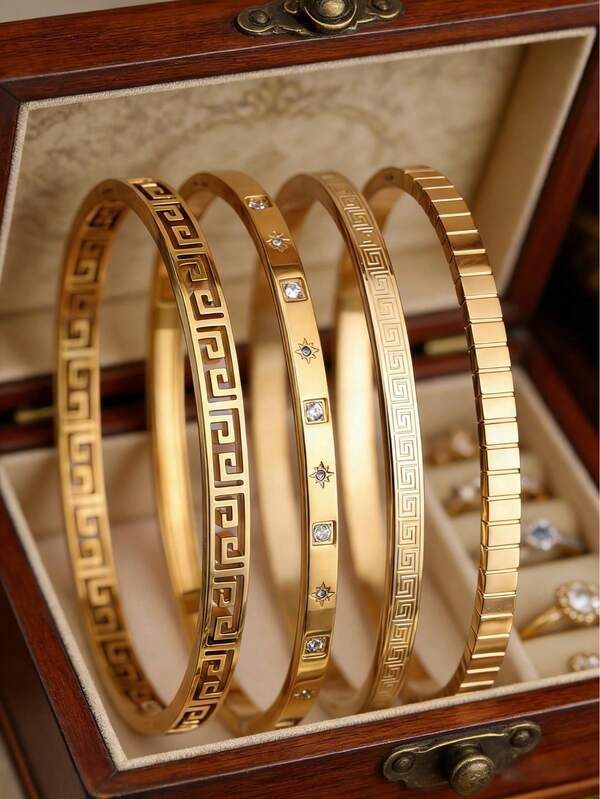 4pcs/1pc Vintage Hollow Series Gold Stainless Steel Women's Bracelet, Suitable For Daily Wear, Banquet Party Jewelry, Gift For Friends, Layered Bangle