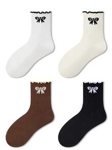 ZUJO 4 Pairs Women's Mid-Calf Socks, Bow Knot Pattern, Suitable For Autumn/Winter Daily Wear, Simple And Comfortable, Random Color - Multicolor - View 5