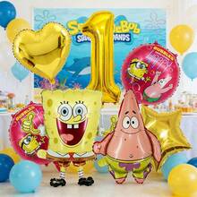 SpongeBob SquarePants 可愛方褲生日裝飾氣球套組 8件組，包含大型立式與角色鋁箔氣球，全 Mylar 氣球，適用海底主題生日派對桌面與背景裝飾 - 卡通氣球 - 查看 1