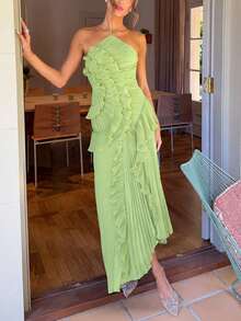 Women's Green Lightweight Halter Neck Backless Ruffle Mid-Length A-Line Dress, Sleeveless Polyester, Suitable For Party, Night Out, Date, Beach, Summer - Pastel Green - View 5
