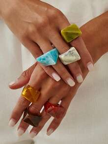 6pcs/Set Colorful Versatile Personalized Fashion Geometric Minimalist Wide Exaggerated Resin Rings Set For Women Daily Wear Holiday Party Jewelry - Multicolor - View 3