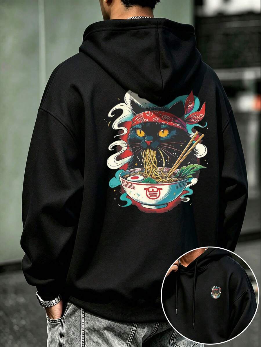 1件加大码男士印花套头卫衣,适合日常休闲穿着,秋冬季 - 黑色 - 查看 1