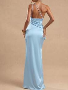 Vestido de fiesta de unicolor con volantes asimétricos y abertura alta hasta el muslo - Celeste - Ver 6