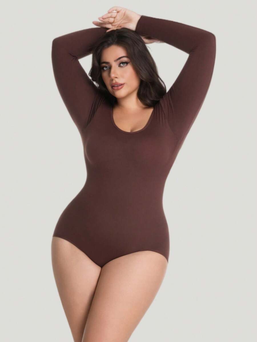 Plus Size Solid Round Neck Long Sleeve Shapewear Bodysuit, Seamless Soft & Skin-Friendly, High-Waist Tummy Control For Daily Layering & Sports Wear - Brown - View 1