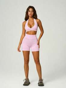 UONNOU Women's Sports Halter Backless Bra + High Waist Butt Lifting Shaping Shorts 2pcs Set, Seamless Yoga Outfit - Pink - View 8
