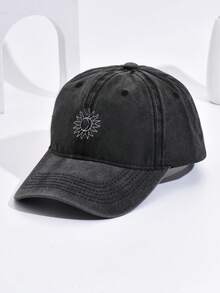 2件組中性款太陽與月亮刺繡軟頂復古水洗可調節棒球帽，休閒爸爸帽，適合戶外、度假與日常穿著，情侶款 - 卡其+深灰 - 查看 4