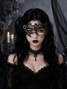 1pc Halloween Gothic Style Women's Peacock Feather Rhinestone Lace Mask, Suitable For Masquerade Ball And Cosplay - Black - View 7