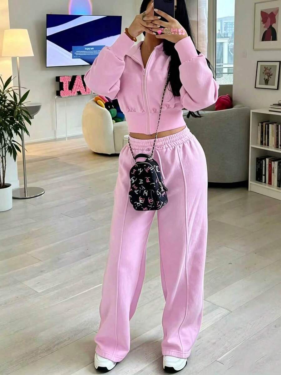Setelan Wanita 2 Potong Warna Polos Elegan Kasual Terbaru untuk Olahraga dan Pakaian Sehari-hari, Warna Pink Musim Gugur/Dingin - Berwarna merah muda - View 1