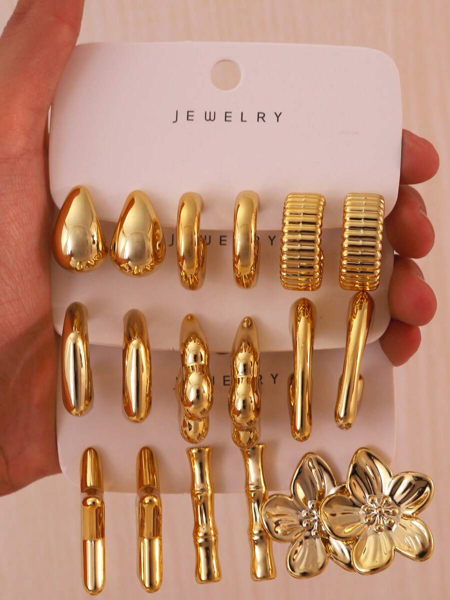 1-9 Pairs Stainless Steel Gold-Plated Multi-Style Earring Set, Smooth C-Hoop, Water Drop, Flower, Bamboo Joint, Star Metal Earrings - Gold - View 1