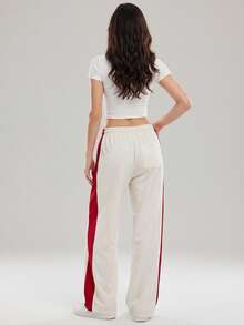 KyrLssu Simple Multi Stripe Casual Wide Leg Bottoms, Elastic Drawstring Waist Long Pants For Multi-Style Daily Matching - Beige - View 3
